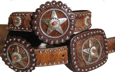 Brindle Cowhide with Star rossets and Coral stone accent by SSM� belts